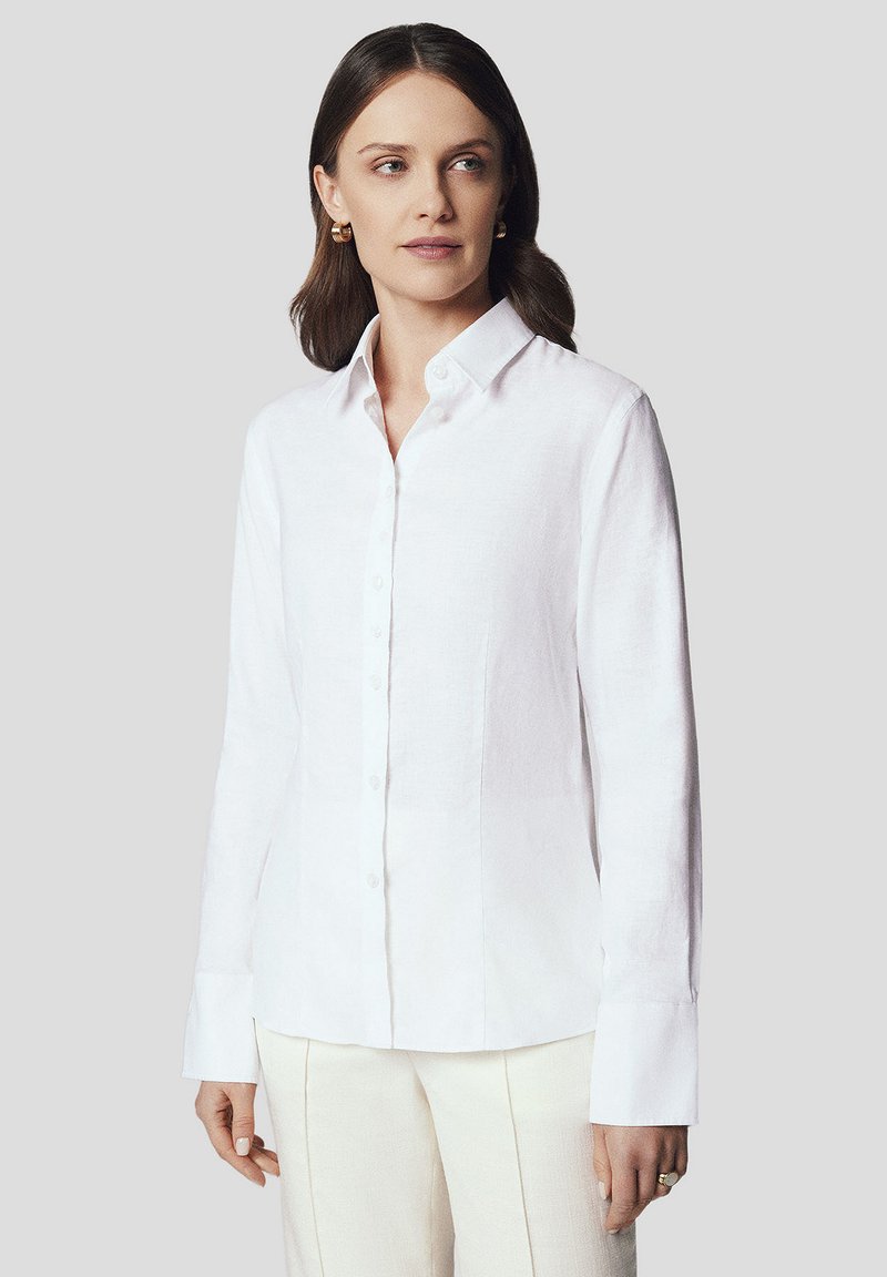 Biała lniana koszula z długim rękawem i zapinanym kołnierzykiem, o prostym kroju i subtelnej teksturze, w połączeniu z jasnymi spodniami.