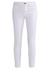 Jeans skinny bianchi in denim. Presentano cinque tasche, chiusura con bottone frontale e passanti per cintura. Texture liscia e design aderente.