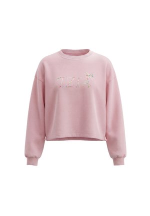 Felpa rosa chiaro a maniche lunghe con polsini a coste e testo colorato di perline che compone "IZIA" sul petto.