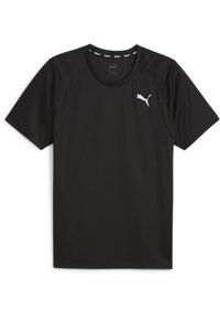 Must hämarikk, lühikeste varrukatega sportpusa, ümmarguse kaelusega, tekstuurse kangaga ja valge Puma logo vasakul rinnal.