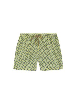 Bañador corto amarillo con patrón geométrico azul de cuatro hojas y cintura con cordón marrón.