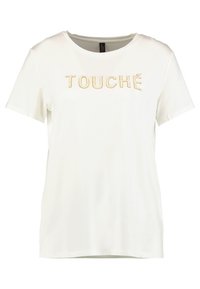 Hvid kortærmet t-shirt med et struktureret "TOUCHÉ" design i guld. Glat stof med rund halsudskæring og lige snit.