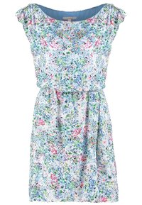 Robe mi-longue à imprimé floral avec manches courtes et taille froncée en bleu clair, vert, rose et blanc.