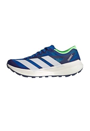 Blauw ademend sportief schoeisel met witte strepen, groene accenten, lichtgewicht ontwerp en een geribbelde zool. Voorzien van het "Terrex"-logo aan de zijkant.