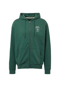Grüne Zip-Hoody aus weichem Stoff, mit einer Vordertasche, einer Kapuze mit Kordelzug und einem kleinen bedruckten Logo auf der linken Brust.