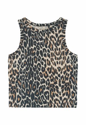 Débardeur sans manches avec un motif léopard en nuances de noir, brun et crème ; fabriqué en tissu doux avec un col rond.