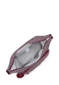 Piccolo astuccio zip con motivo, rifinito in bordeaux, aperto per mostrare la fodera grigia chiaro e numerose tasche interne.