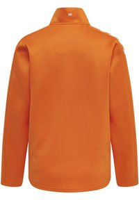 Orange pullover jakke med lange ærmer, høj krave og minimale sydetaljer. Glat tekstur uden synlige mønstre eller accenter.