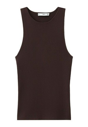 Tamnosmeđa rebrasta sportska majica bez rukava s okruglim izrezom, uskog kroja i malom oznakom marke unutar ovratnika.