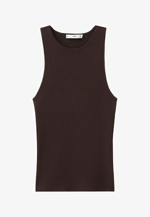 Tamnosmeđa rebrasta sportska majica bez rukava s okruglim izrezom, uskog kroja i malom oznakom marke unutar ovratnika.