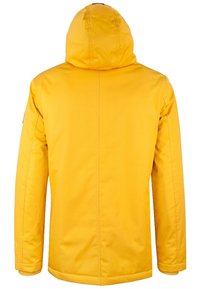 Gul vattentät jacka med huva, med en slät yta och elastiska ärmslut, som visar en ren, minimalistisk design på en enfärgad bakgrund.