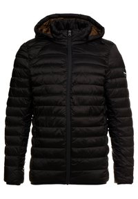 Schwarze Pufferjacke mit Kapuze, mit gestepptem Design, Reißverschluss und kontrastierender brauner Innenauskleidung. Keine sichtbaren Logos oder Muster.