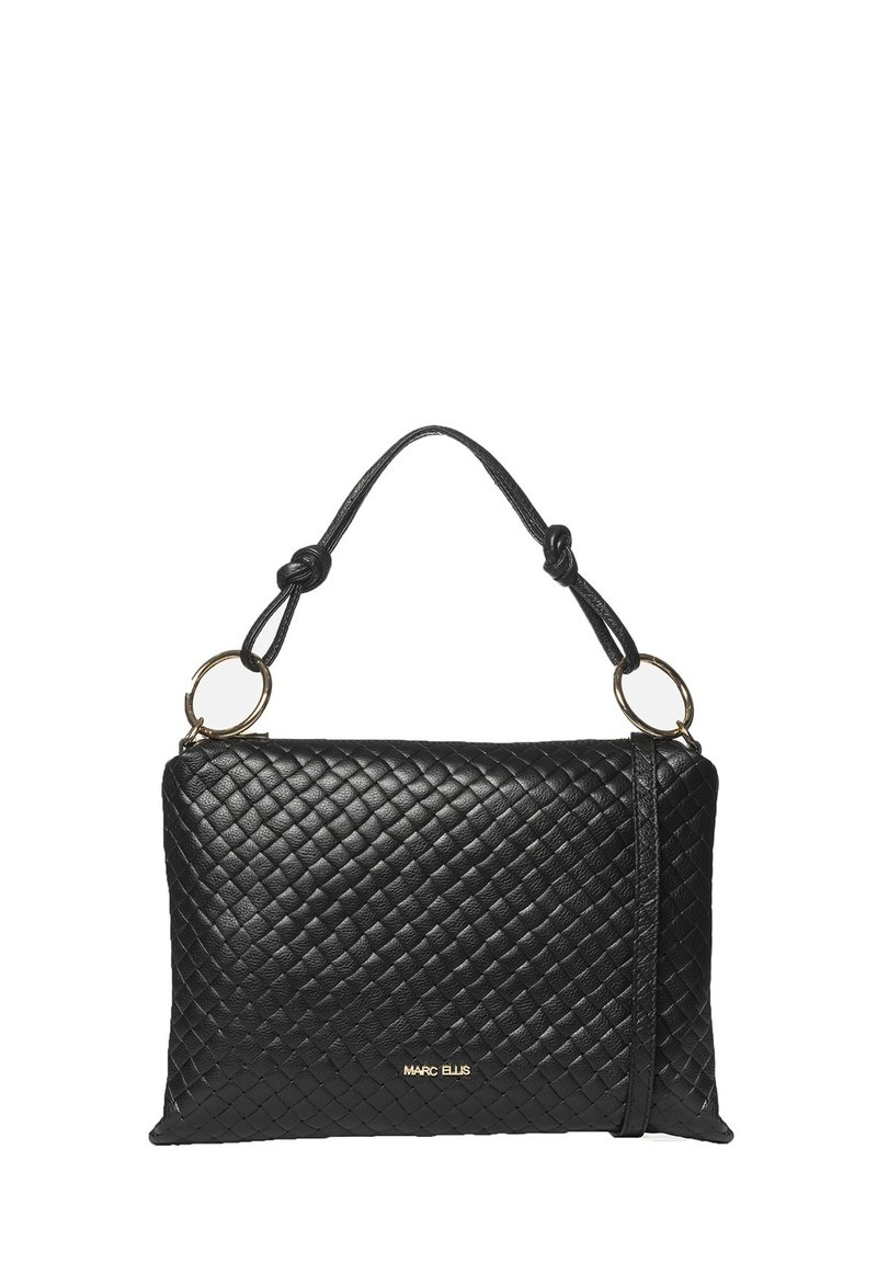 Sac à main en cuir tressé noir avec une sangle nouée, accents en métal doré, fermeture éclair et détail de logo en relief sur le devant.
