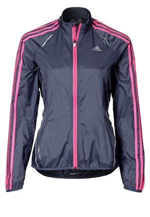 Marineblauwe Adidas sportjas met roze strepen op de mouwen en een roze rits aan de voorkant, ontworpen voor dames.