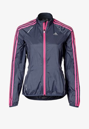 Marineblauwe Adidas sportjas met roze strepen op de mouwen en een roze rits aan de voorkant, ontworpen voor dames.