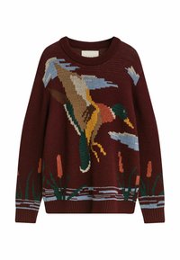 Strickpullover in Burgunderrot mit einem bunten Entenmotiv, versehen mit grünen, gelben und blauen Akzenten sowie blumigen Elementen am Saum.