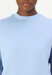 Felpa azzurra chiara con collo girocollo, texture morbida e delicato dettaglio del logo sul petto. Presenta maniche lunghe e una vestibilità comoda.