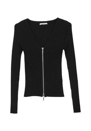 Black ribbed long-sleeve top with a deep V-neckline and a front zipper. Features a fitted shape and soft texture.
