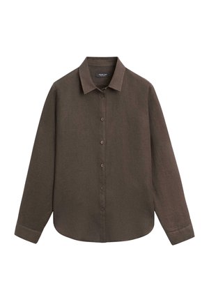 Chemise à manches longues marron foncé avec des boutons, col classique et poignets simples, présentée à plat sur un fond blanc.