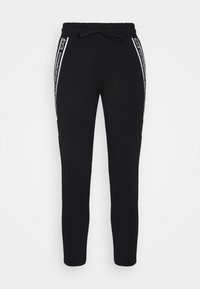 Černé teplákové kalhoty s elastickým pasem, šňůrkou na stažení a bílými bočními pruhy s potiskem loga. Vyrobené z měkké, elastické tkaniny.