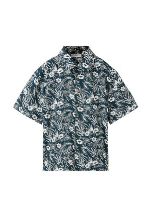Košeľa s krátkym rukávom na zapínanie na gombíky, tmavozelené pozadie s bielym tropickým kvetinovým a listovým vzorom.