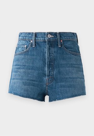Shorts en denim bleu taille haute avec bouton avant, passants de ceinture, design à cinq poches et finitions à bords bruts sur fond uni.