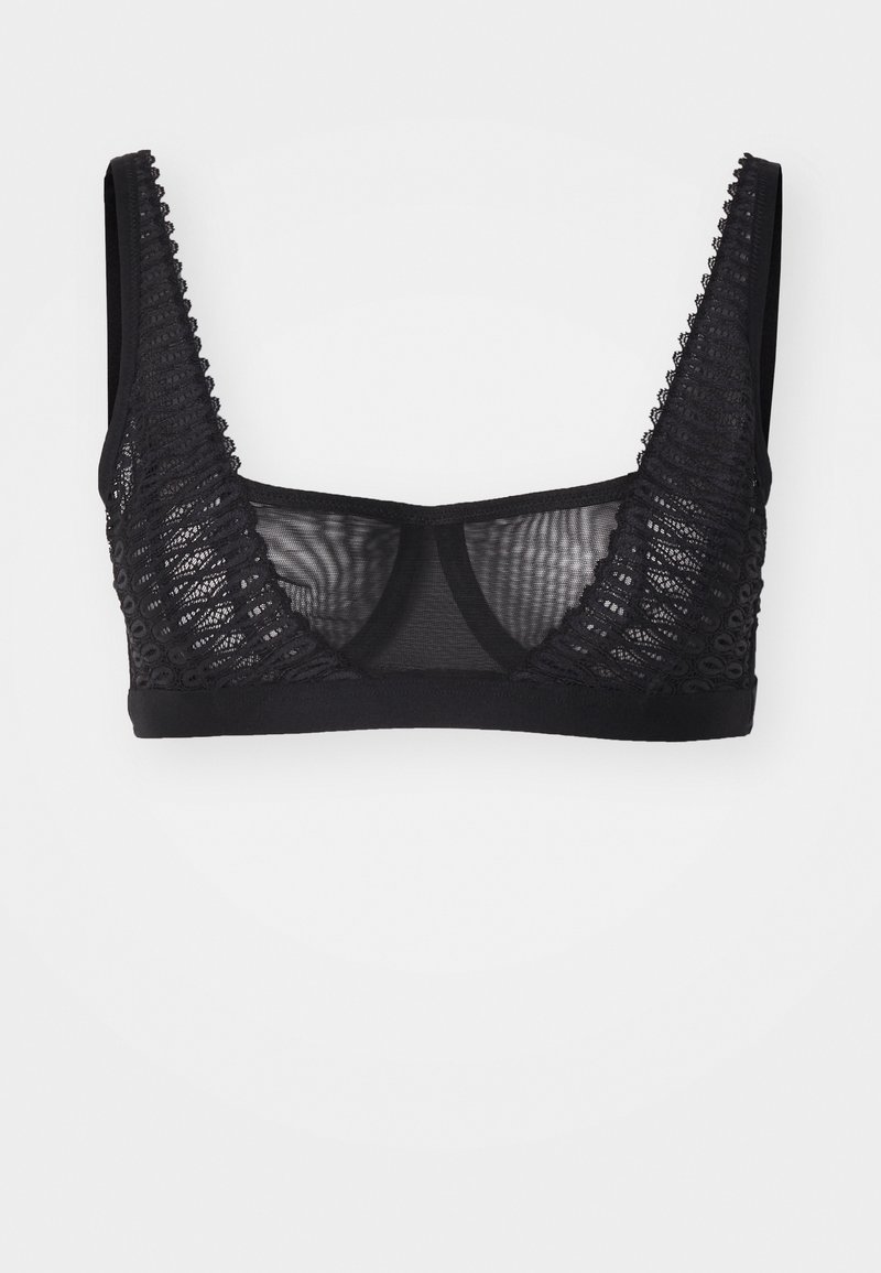 Svart bralette med genomskinligt meshmaterial, spetsdetaljer längs kanterna och breda axelband. Enkel design utan bygel.