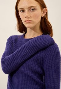 Violetti neulottu villapaita, jossa on teksturoitu ribbikuvio. Ominaisuuksiin kuuluu pyöreä pääntie ja pitkät hihat. Pehmeä ja mukava ulkonäkö.