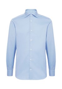 Jasnoniebieska koszula z długim rękawem, uszyta z gładkiego materiału; posiada standardowy kołnierzyk i zapięcie na guziki z białymi guzikami wzdłuż pliski.