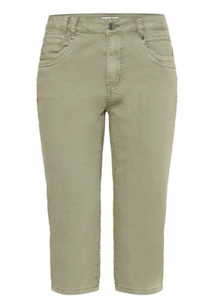 Knee-length khaki nohavice vyrobené z mäkkej bavlnenej zmesi, s gombíkovým zapínaním, piatimi vreckami a hladkým povrchom.