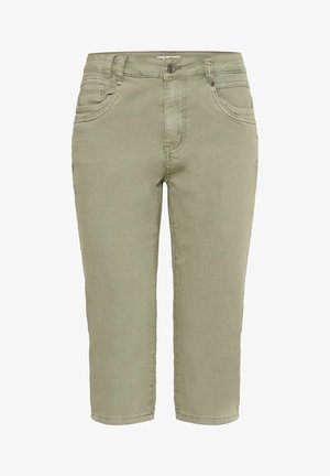 Hlače do koljena u khaki boji napravljene od mekog pamuka, s kopčanjem na gumb, pet džepova i glatkom teksturom.