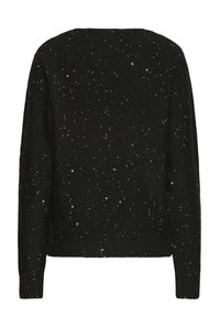 Black sweater with a round neckline and long sleeves, featuring a textured sparkly pattern resembling stars across the entire surface.