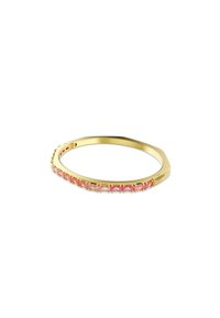 Bracciale in tono oro con forma ottagonale, caratterizzato da gemme rosa incastonate in fila lungo la parte anteriore. Finitura metallica liscia.