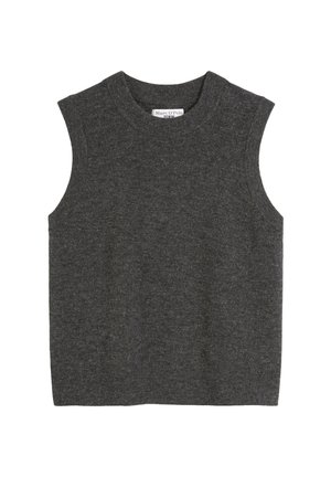 Top bez rękawów, w ciemnoszarym kolorze, dzianinowy z okrągłym dekoltem. Miękka tekstura i prosty fason. Metka na dekolcie informuje "MARC O'POLO DENIM."