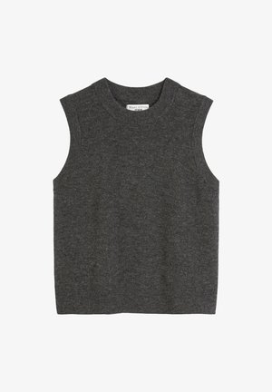 Top bez rękawów, w ciemnoszarym kolorze, dzianinowy z okrągłym dekoltem. Miękka tekstura i prosty fason. Metka na dekolcie informuje "MARC O'POLO DENIM."