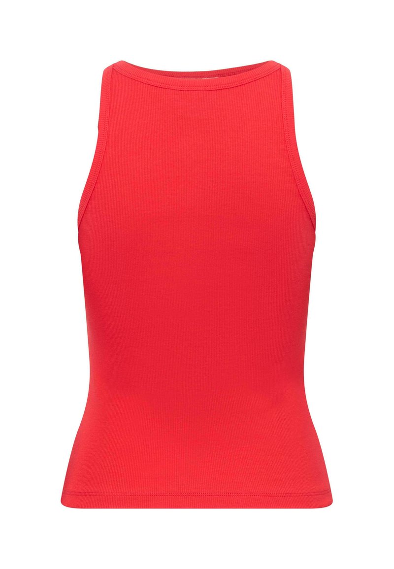 Red sleeveless top made of ribbed fabric. Features a high neckline and fitted shape with a smooth texture. No visible patterns or embellishments.