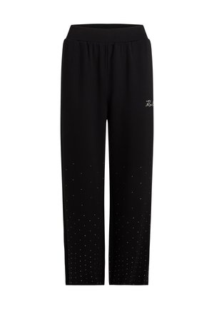 Black sweatpants with an elastic waistband, featuring a subtle logo and embellished with small rhinestones along the lower legs.