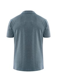 Herrkortärmad polo i mörkblått tyg, slät textur, klassisk krage och rak fåll med subtila sömnadsdetaljer.
