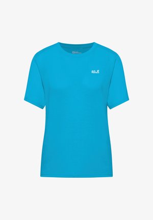 Felblauw T-shirt met korte mouwen, ronde hals en een klein wit Jack Wolfskin-logo op de linkerkant van de borst.