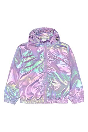 Kinder-Kapuzensweatshirt mit irisierendem, lila, pinkem und grünem, reflektierendem Stoff, durchgehendem Frontreißverschluss sowie elastischen Bündchen und Saum.
