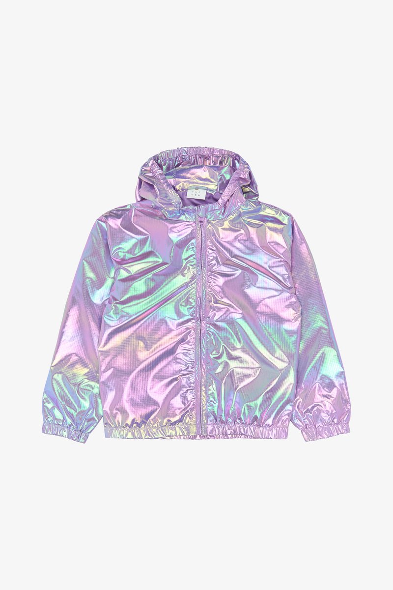 Jachetă pentru copii cu glugă, fabrică reflectorizantă irizată în nuanțe de mov, roz și verde, fermoar frontal complet și manșete și tiv elastic.