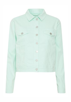 Mentazöld farmerdzseki gombos elülső résszel, két mellzsebbel és oldalzsebekkel, ezüst színű kiegészítőkkel és rövidített fazonnal.