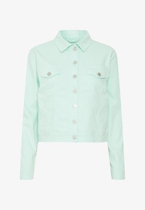 Mentazöld farmerdzseki gombos elülső résszel, két mellzsebbel és oldalzsebekkel, ezüst színű kiegészítőkkel és rövidített fazonnal.