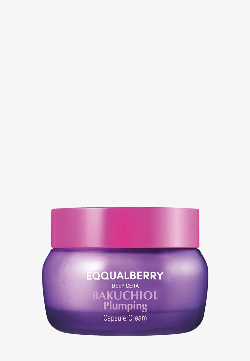 EQUALBERRY Krem kapsułkowy z bakuchiolem w okrągłym purpurowym szklanym słoiku z różową pokrywką, z białym nadrukiem z przodu.