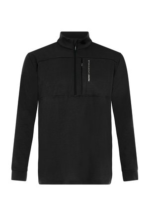 Černý fleecový svetr s polovičním zipem, vysokým límcem a přední kapsou. Obsahuje strukturovanou tkaninu a logo na levé horní straně.