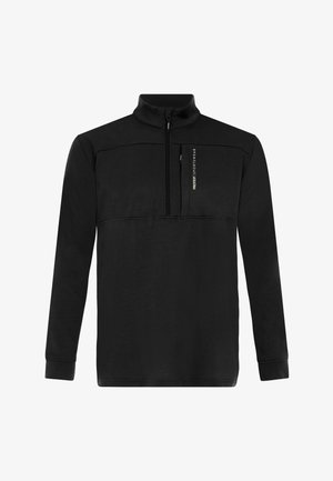 Czarny polarowy sweter z półzamkiem, wysokim kołnierzem i przednią kieszenią. Posiada teksturowany materiał oraz logo na górnej lewej stronie.