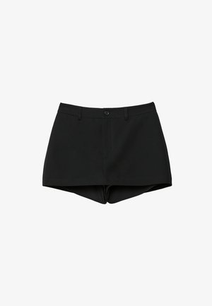 Schwarze High-Waist-Shorts mit Gürtelschlaufen, einem Knopfverschluss und einem verdeckten Reißverschluss, entworfen mit einem leicht abgerundeten Saum.