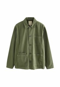 Veste vert olive en coton avec un devant à boutons, un col pointu et quatre poches. Présente une coupe décontractée et une texture douce.
