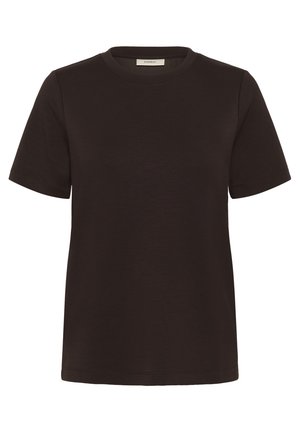 Kurzarm-T-Shirt mit Rundhalsausschnitt aus dunkelbraunem Baumwollstoff. Es hat eine glatte Textur ohne sichtbare Muster oder Akzente. Normaler Schnitt.