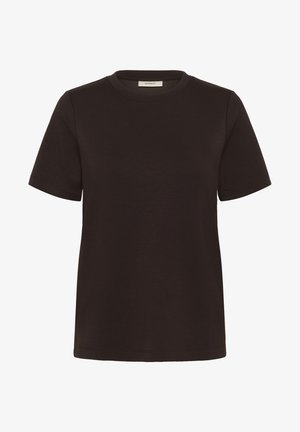 Koszulka z krótkim rękawem, okrągłym dekoltem w ciemno brązowym kolorze z bawełny. Ma gładką fakturę bez widocznych wzorów czy akcentów. Regularny krój.